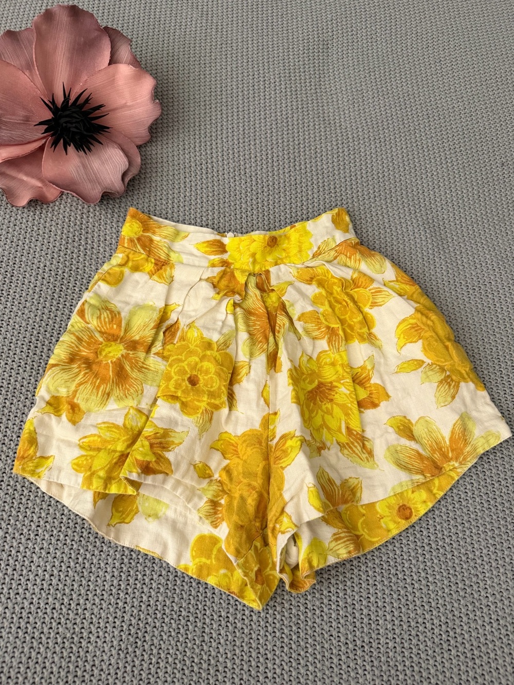 Alemais Sonny Yellow Floral Print High Waist Linen Shorts Size 0